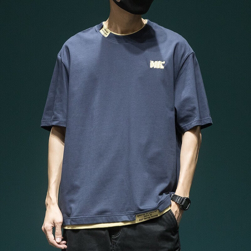 古先森假两件短袖t恤男宽松大码休闲上衣夏季纯棉半袖体恤圆领半截袖 白色 2XL【160-180斤】